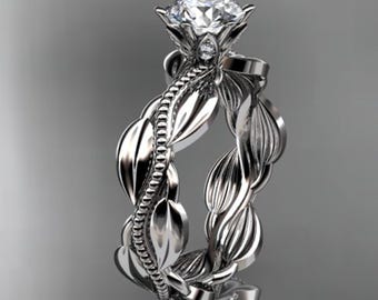 Unique Nature Inspired Diamond Ring 14k White Gold Leaf Vine Engagement Ring 1 CT Lab Grown Diamond Wedding Ring