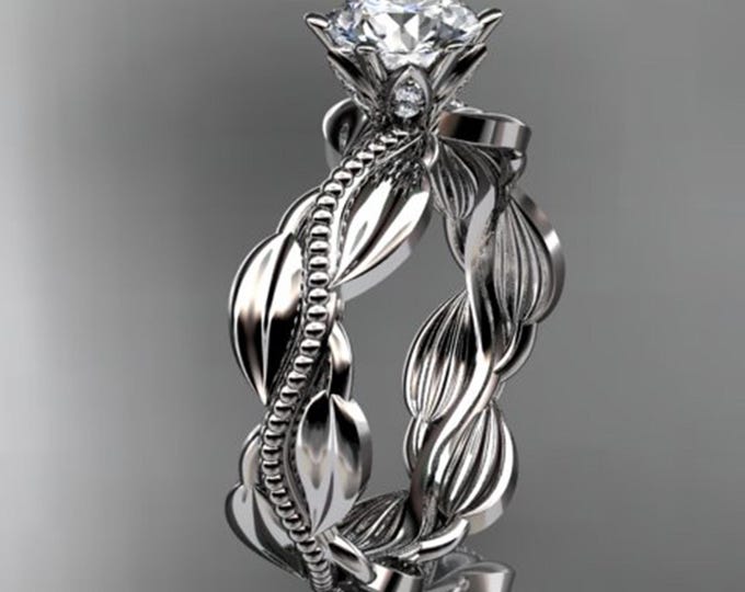 Unique Nature Inspired Diamond Ring 14k White Gold Leaf Vine Engagement Ring 1 CT Lab Grown Diamond Wedding Ring