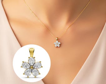 Diamond Flower Pendant 14k Yellow Gold Necklace Lab Grown Pear Diamond Charm Necklace Dainty Floral Minimalist Pendant