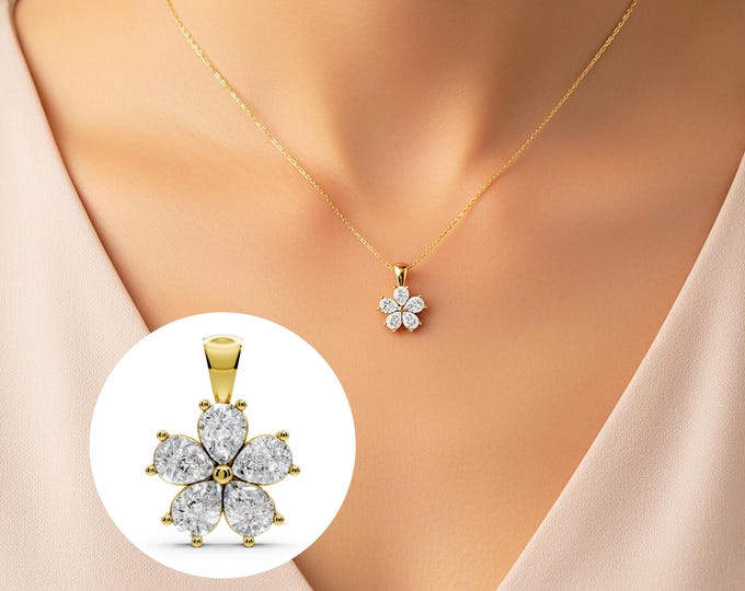 Diamond Flower Pendant 14k Yellow Gold Necklace Lab Grown Pear Diamond Charm Necklace Dainty Floral Minimalist Pendant