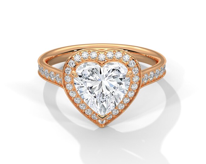 2 Carat Heart Lab Grown Diamond Ring VS2 E Halo Diamond Engagement Ring 14k Rose Gold