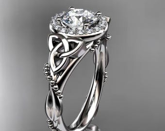 Celtic Diamond Engagement Ring 1 Carat Round Lab Grown Diamond Halo Diamond Trinity Knot Engagement Ring Nature Inspired 14k White Gold