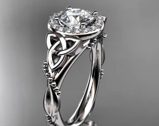 Celtic Diamond Engagement Ring 1 Carat Round Lab Grown Diamond Halo Diamond Trinity Knot Engagement Ring Nature Inspired 14k White Gold