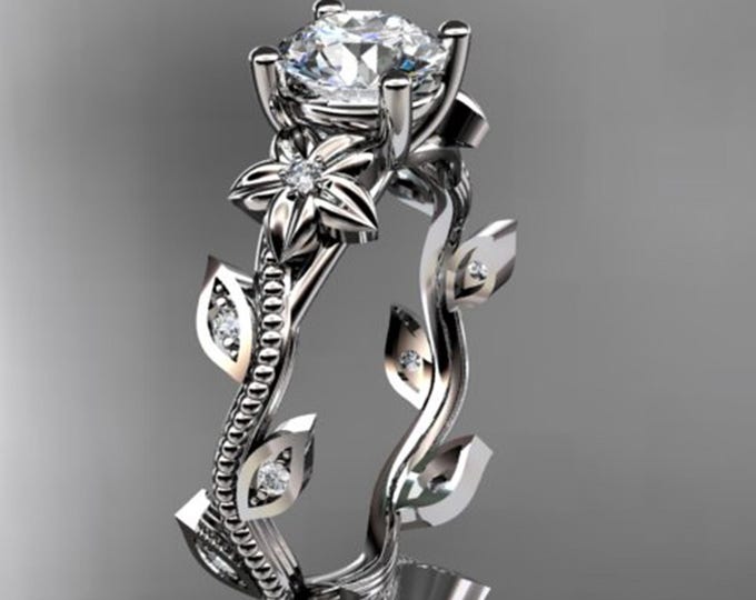 Nature Inspired Diamond Engagement Ring 14k White Gold Lab Grown 1 CT Diamond Ring Leaf Flower Wedding Ring