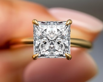 3 Carat Princess Cut Lab Grown Diamond E VS1 Engagement Ring 2MM Band Solitaire Ring CVD Diamond Ring IGI Certified