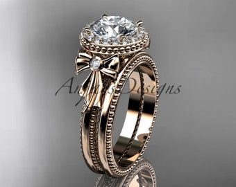 Women's Rose Gold 14k Wedding Ring Sets Unique Diamond Halo Moissanite Engagement Ring Anniversary Gift