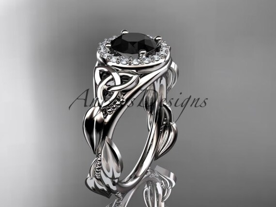 Nature Inspired Black Diamond Halo Engagement Ring 14k White Gold