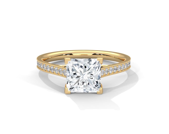 2 Carat Princess Cut Lab Grow Diamond Engagement Ring 14k Yellow Gold IGI Certified Dainty Minimalist Ring