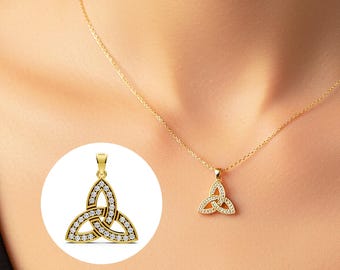 Diamond Celtic Triquetra Symbol Trinity Knot Pendant 14k Solid Gold Necklace Celtic Charm