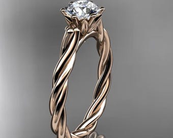 Twisted Rope Engagement Ring 1 Carat Lab Grown Diamond 14K Rose Gold Rope Ring IGI Certified Bridal Ring