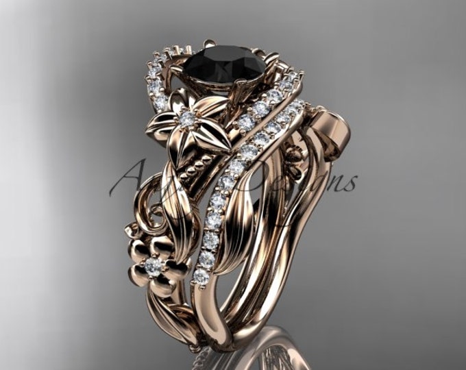 Wedding Ring set 14kt Rose Gold Diamond Unique flower leaf and vine Engagement set Black Diamond