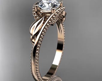 1 Carat Round Cut Lab Grown Diamond Leaf and Vine Engagement Ring 14k Rose Gold Floral Engagement Ring Nature Inspired CVD Bridal Ring