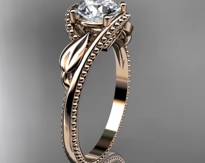 1 Carat Round Cut Lab Grown Diamond Leaf and Vine Engagement Ring 14k Rose Gold Floral Engagement Ring Nature Inspired CVD Bridal Ring