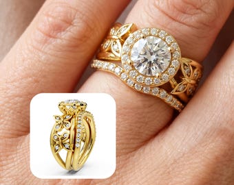 Butterfly Engagement Ring Set 1 Carat Round Lab Grown Diamond Ring with Matching Band 18k Yellow Gold
