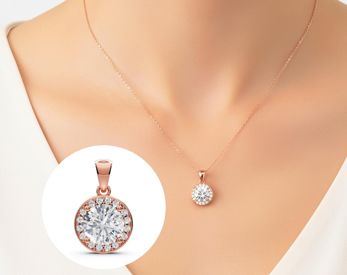 14K Gold Round Halo Diamond Pendant Necklace IGI Certified Lab Grown Diamond
