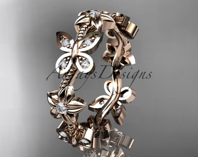Unique Diamond Wedding Band Rose Gold 14k Jewelry Gift For Her Nature Inspired Ring Butterfly Flower Eternity Ring