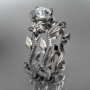 Diamond Flower Engagement Ring Set 14k White Gold Lab Grown Diamond Ring Floral Wedding Ring Nature Inspired Bridal Set