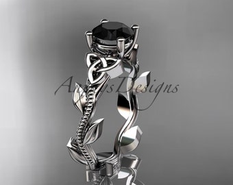 Unique Celtic Black Diamond Leaf Engagement Ring 14k White Gold Trinity Knot Wedding Ring