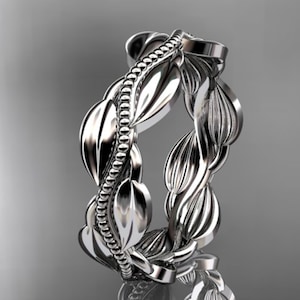 Unique Nature Inspired Wedding Band Women Leaf Vine Wedding Band 14k Solid White Gold