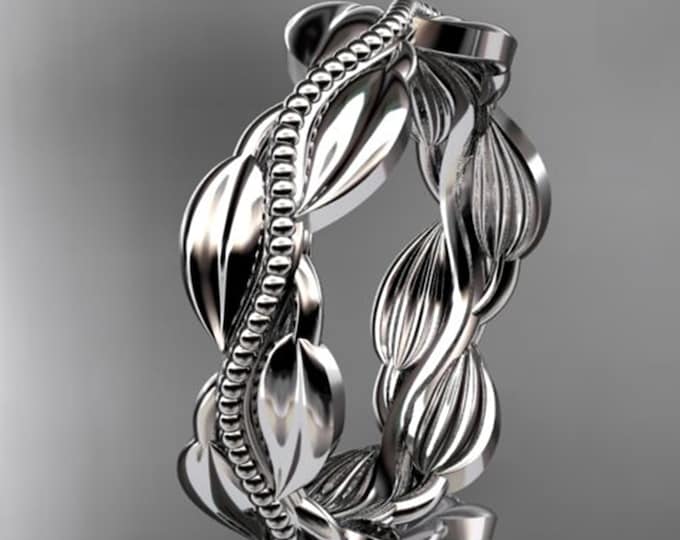 Unique Nature Inspired Wedding Band Women Leaf Vine Wedding Band 14k Solid White Gold