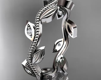 Diamond Leaf Vine Wedding Ring Nature Inspired 14k White Gold Wedding Band Promise Ring For Her