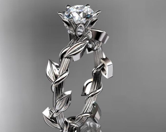1 Carat Round Lab Grown Diamond Leaf and Vine Engagement Ring Unique Nature Inspired Diamond Ring 14k White Gold