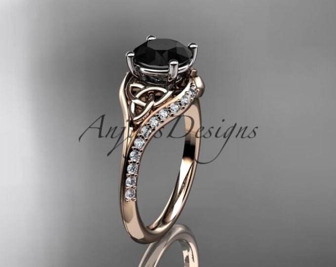 Round Cut Black Diamond Engagement Ring Unique Celtic Knot Wedding Ring 14k Rose Gold Women's Proposal Ring
