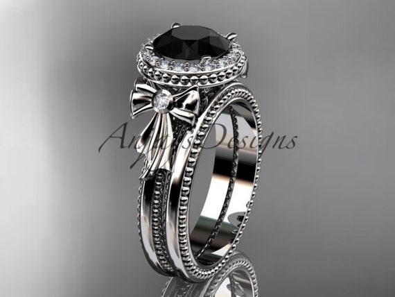Unique Bow Black Diamond Halo Engagement Ring 14k White Gold Knot Milgrain Wedding Ring for Her Etsy Canada