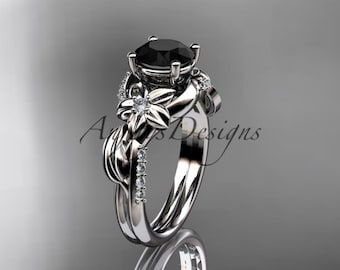 Flower Black Diamond Engagement Ring 14k White Gold Vine Leaf Ring