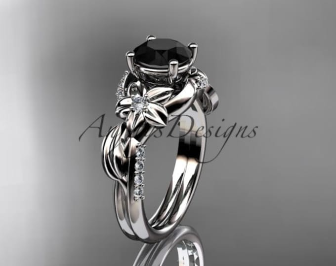 Flower Black Diamond Engagement Ring 14k White Gold Vine Leaf Ring