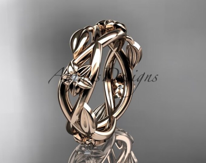 Nature inspired Wedding Ring 14kt Rose Gold Diamond leaf and flower Wedding band Engagement Ring