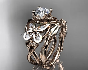 Butterfly Celtic Design Moissanite Engagement Ring Set 14K Rose Gold White Moissanite Ring Unique Engagement Ring