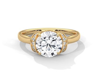 Unique Round Diamond Halo Engagement Ring 2 Carat Lab Grown Diamond Engagement Ring Eagle Claw IGI Certified 14k Yellow Gold