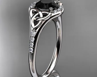 Celtic Engagement Ring Black Diamond Halo 14k White Gold Celtic Wedding Ring Irish Inspired Dainty Ring