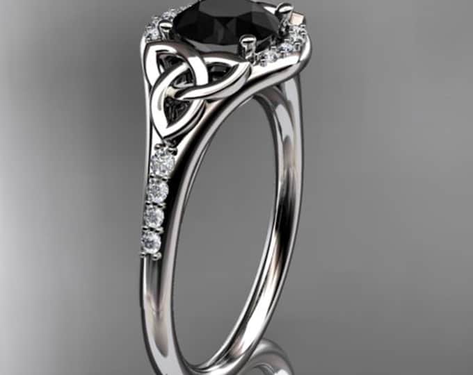 Celtic Engagement Ring Black Diamond Halo 14k White Gold Celtic Wedding Ring Irish Inspired Dainty Ring