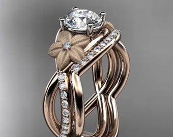 1 Carat Round Brilliant Lab Grown Diamond Nature Inspired Engagement Ring Set Flower CVD Diamond Ring Braided Design Diamond Ring