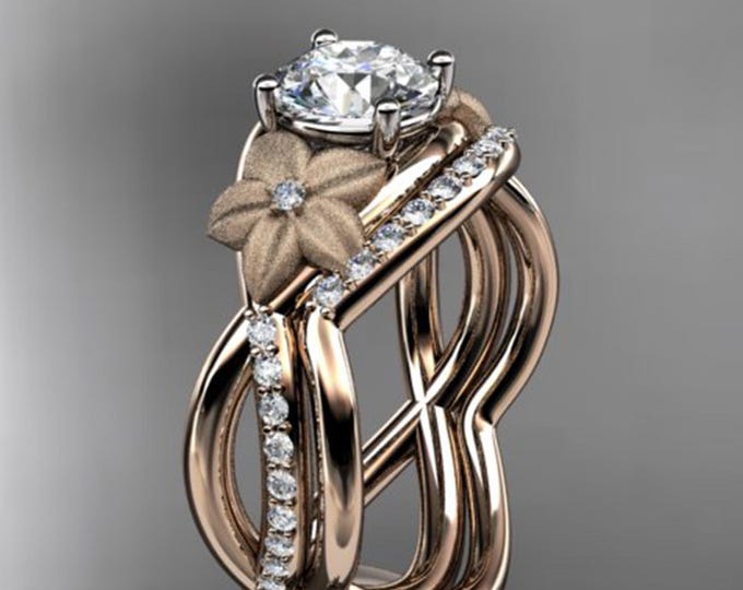 1 Carat Round Brilliant Lab Grown Diamond Nature Inspired Engagement Ring Set Flower CVD Diamond Ring Braided Design Diamond Ring