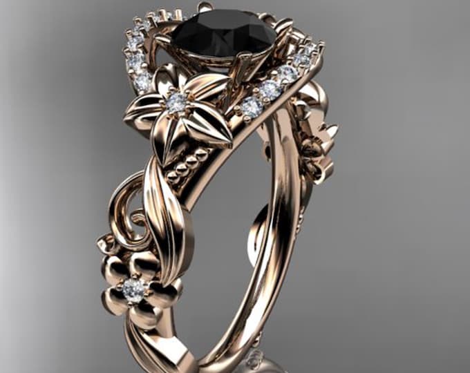 Flower Engagement Ring Round 1ct Black Diamond Unique Floral Ring