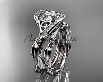 Nature inspired Engagement Ring 14kt white Gold Celtic Trinity Knot Engagement set Wedding Ring