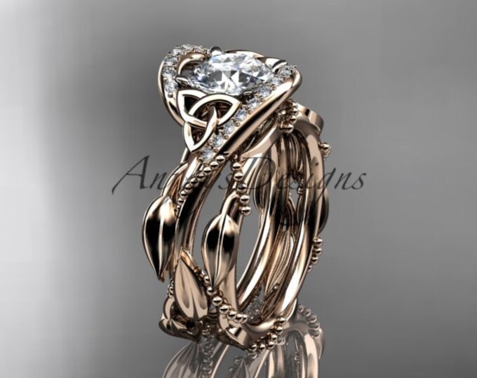 Moissanite Engagement Ring Designer jewelry 14kt Rose Gold Celtic Trinity Knot Engagement set Wedding Ring