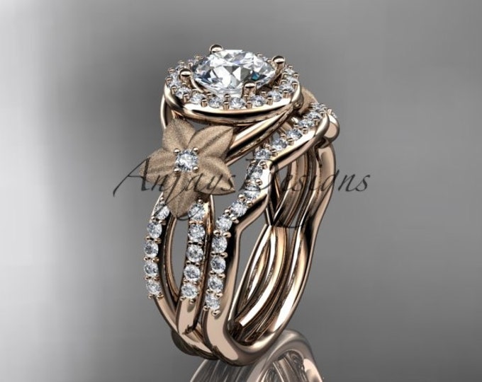 Nature Inspired Diamond Engagement Set Unique Flower Ring Lab Grown Diamond Halo 14k Gold IGI Certified