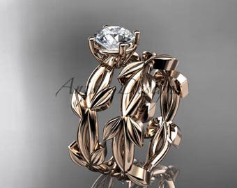 Nature Inspired Engagement Ring Set 1 Carat Lab Grown Diamond IGI Certified 14k Rose Gold