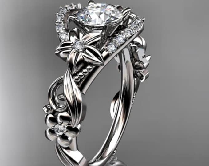 Unique Flower Engagement Ring 14k White Gold Engagement Ring 1 Carat Lab Diamond Nature Inspired Ring