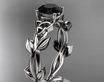 Diamond Celtic Triquetra Wedding Ring 14k White Gold Black Diamond Leaf Vine Engagement Ring For Women