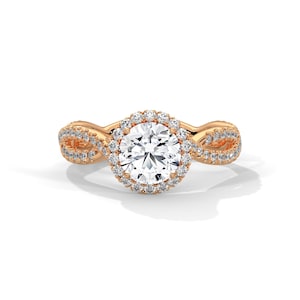 1 Carat Round Lab Grown Diamond Halo Engagement Ring Twisted Ring 14k Rose Gold Braided Proposal Ring IGI Certified