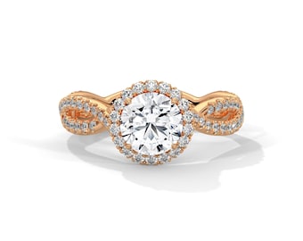 1 Carat Round Lab Grown Diamond Halo Engagement Ring Twisted Ring 14k Rose Gold Braided Proposal Ring IGI Certified