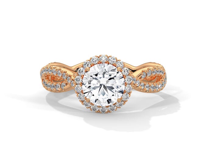 1 Carat Round Lab Grown Diamond Halo Engagement Ring Twisted Ring 14k Rose Gold Braided Proposal Ring IGI Certified