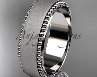 14k White Gold Matte Milgrain Wedding Band Simple Gold Engagement Band