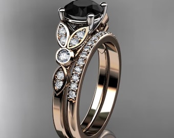 1 Carat Black Diamond Vintage Engagement Ring with Matching Wedding Band Set in 14K Rose Gold
