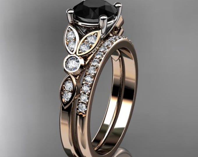 1 Carat Black Diamond Vintage Engagement Ring with Matching Wedding Band Set in 14K Rose Gold